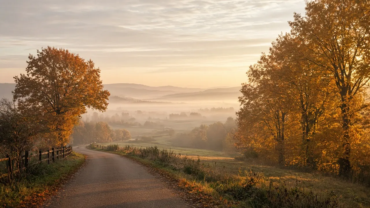 A quiet country road winding past glowing autumn trees at sunrise